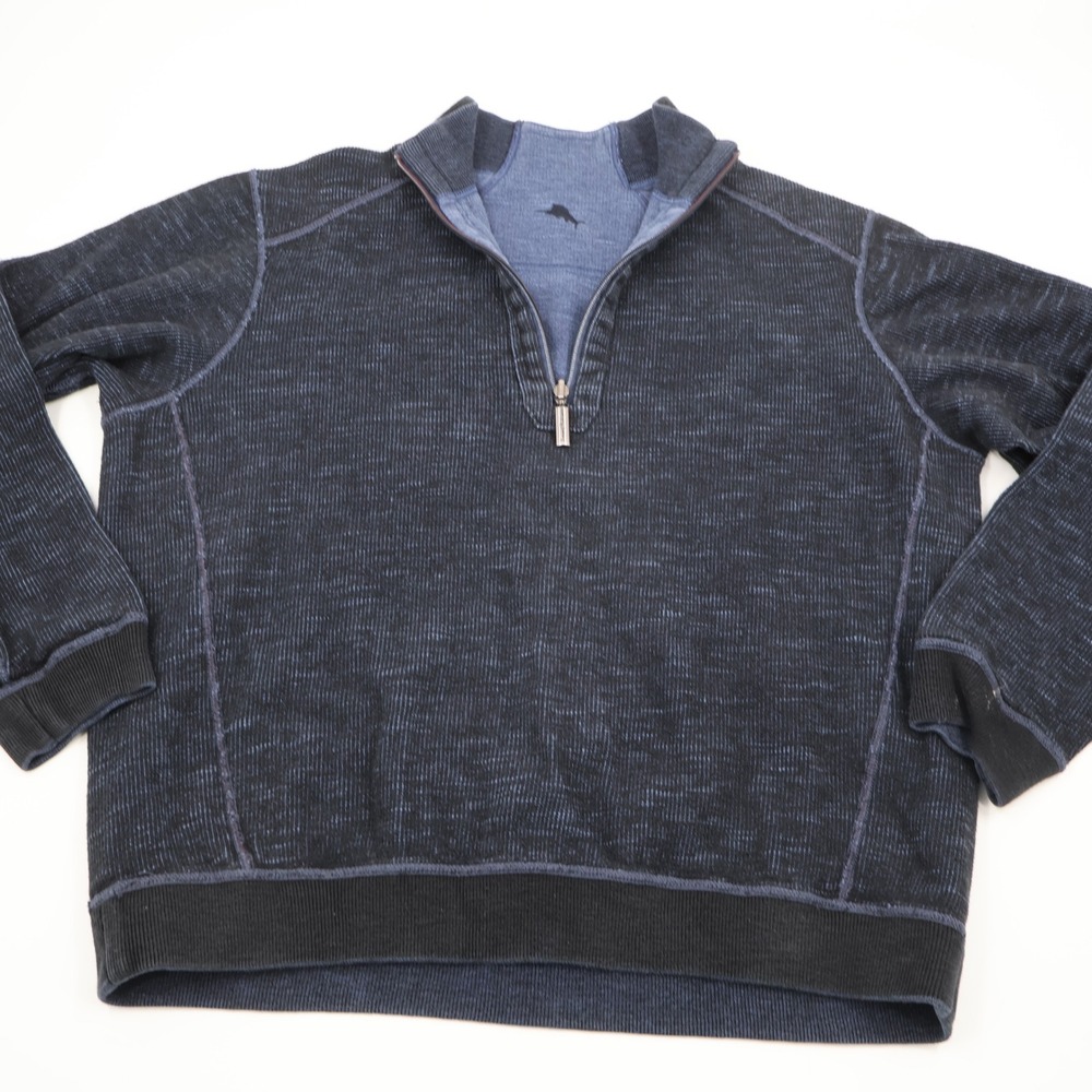 Tommy Bahama Reversible Quarter Zip Pullover Mens XL Blue Slub Knit Cotton Blend